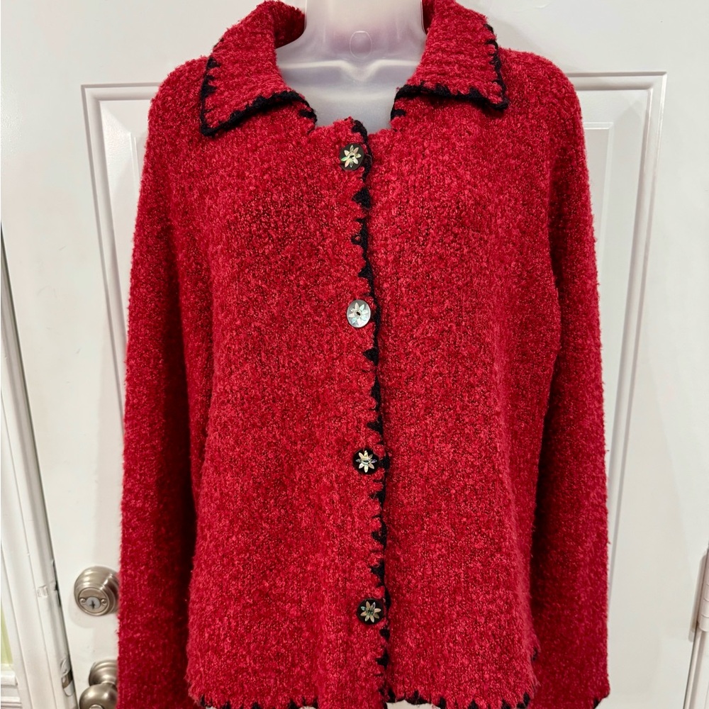 VTG Wind River Red Bouclé Floral Abalone Button-Front Women's Cardigan Size M/L